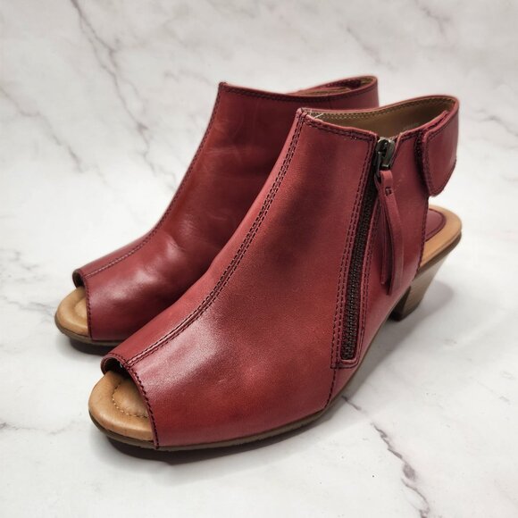 Earth Kristy Red Leather Booties Open Toe Sandals Boots Women's 5 - Picture 1 of 12